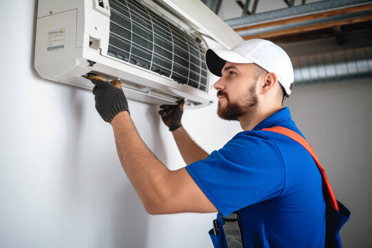 HVAC technician installing a mini split air conditioner in El Mirage