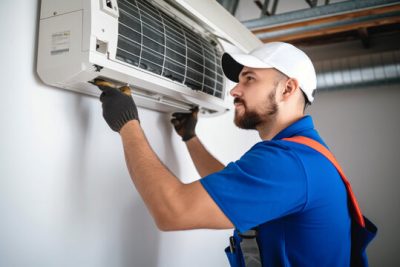 Air conditioning technician servicing a wall-mounted AC unit in El Mirage, AZ